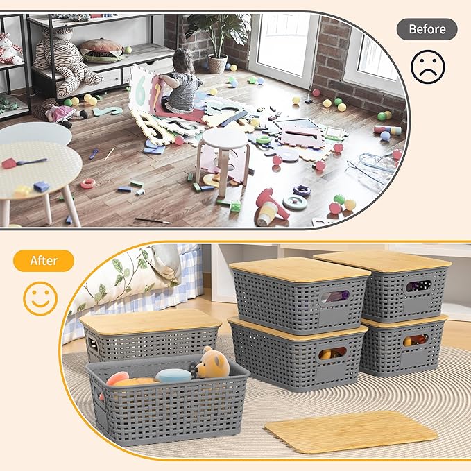 6 Pack Plastic Storage Baskets,Gray bamboo lid storage Box | Labels, Stackable, For Organizing Shelves Pantry Drawers Desktop Closets Organizing Desktop Closet Playroom Classroom