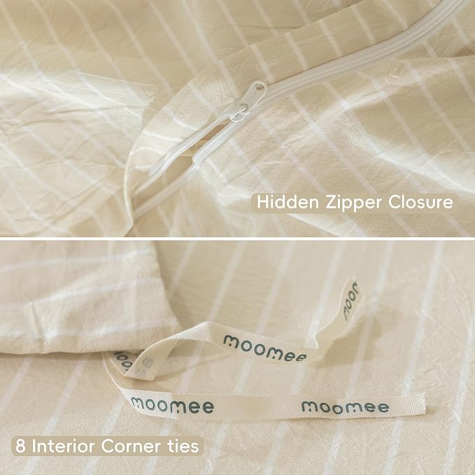 MooMee Striped Duvet Cover Set 100% Washed Cotton Linen Like | Relaxed Linen-like Texture. Soft, Breathable & Long-lasting Comfort. Lightweight. Hidden Zipper with 8 Interior Corner Ties