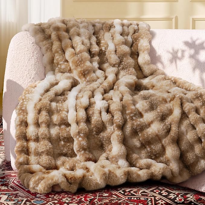 Ultra Soft Cozy Faux Fur Throw Blanket, Fuzzy Plush Thick Bubble Blanket, Oversize Luxury Fluffy Blanket for Couch, Sofa, Bedroom, and Living Room,50x60 Inches,Tie-Dye Camel