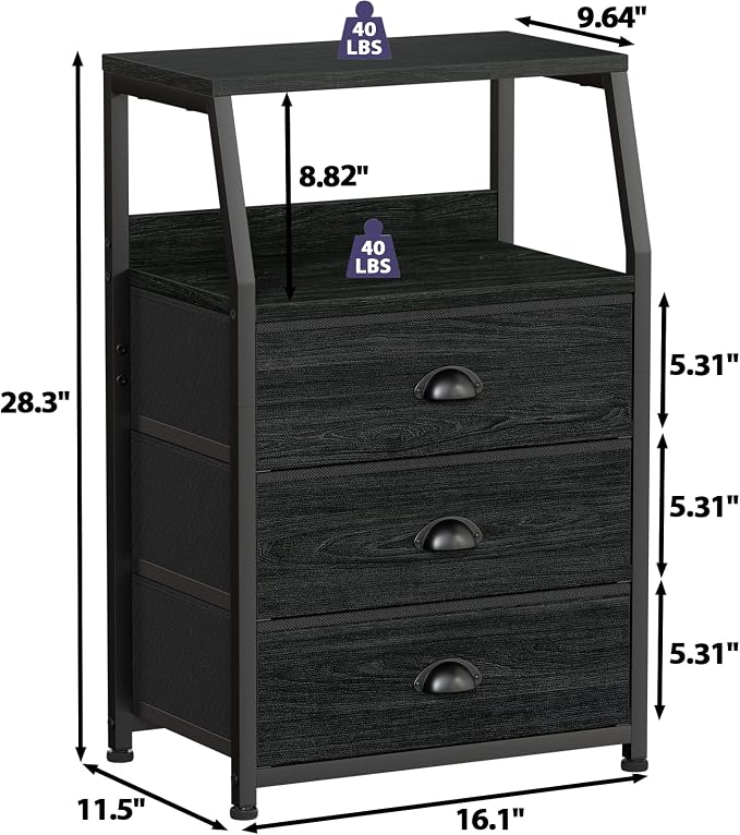 Furnulem Black Night Stand, Small Bedside Table for with 3 Fabric Drawers | Night stand with Drawers and 2-Tier Shelf, Small Dresser with Metal Frame and Wood Top, Storage Drawers for Dorm, Living Room