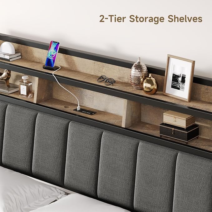 ComfyCorner Queen Size Headboard with Storage & LED Light, Black & Brown | Upholstered Ergonomic Head Board with Power Outlets & 2-Tier Storage, Queen Headboard Only, Bed Frame Mounting, Heavy Duty