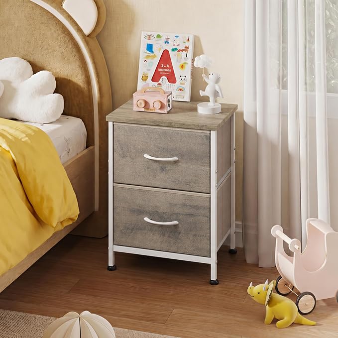 WLIVE Nightstand, 2 Drawer Dresser for Bedroom, Small Dresser with 2 Drawers, Bedside Furniture, Night Stand, End Table with Fabric Bins for Bedroom, Closet, College Dorm, Greige Oak | End Table with Fabric Bins for Bedroom, Sturdy Metal Frame & Adjust...