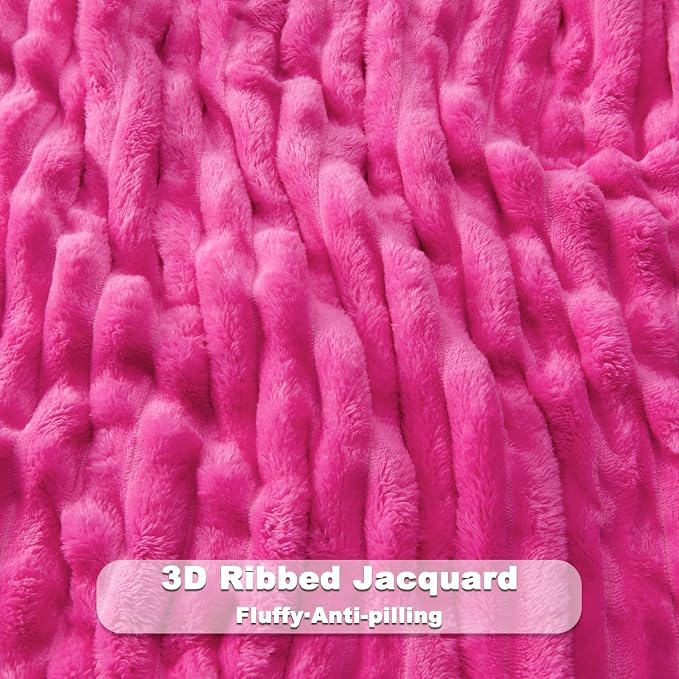 NEWCOSPLAY Fleece Ribbed Cozy Throw Blanket for Couch, Hot Pink, 50"x60" | Premium Silky Flannel Blanket, Soft Lightweight Fluffy Throw Blanket for Bed Sofa Decor, Gift for All Season Use