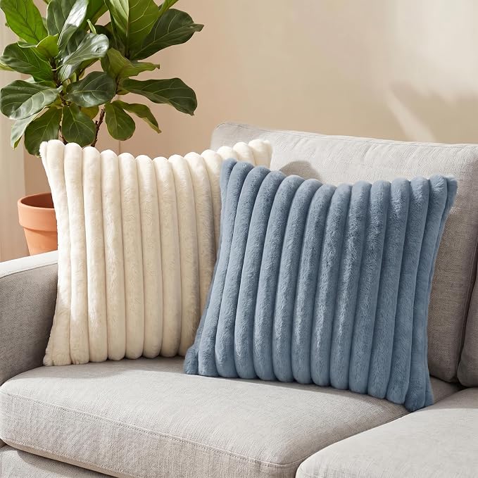 Pack of 2 Throw Pillow Covers 20x12 Decorative Solid Plush Faux Fur with Soft Velvet Back, Square Striped Cushion Cases Modern Farmhouse Home Decor for Living Room Couch Sofa Bed Serene Blue