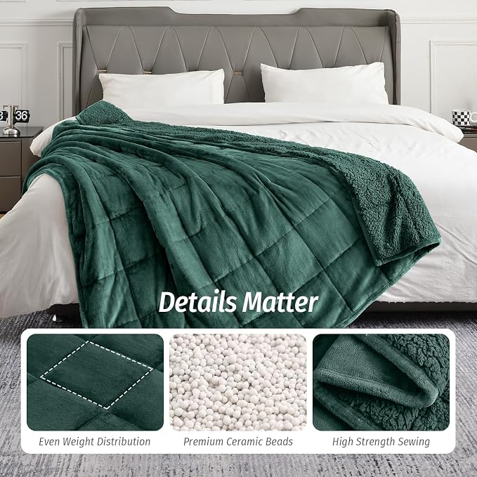Sherpa Fleece Weighted Blanket for Adult 20 lbs Queen 60"x80" Green | Better Sleep, Relax Body & Mind, Dual Sided Soft Fuzzy Heavy Throw Blankets, Plush Flannel Top, Chunky Fluffy, Warm Hug