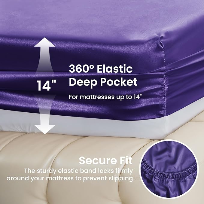 Love's cabin Satin Queen Sheets Set - 4 Piece Purple Silky Bed Sheets Set with Deep Pocket, Luxury Silk Feel Satin Queen Size Sheet Set (1 Flat Sheet,1 Fitted Sheet,2 Pillow Cases)