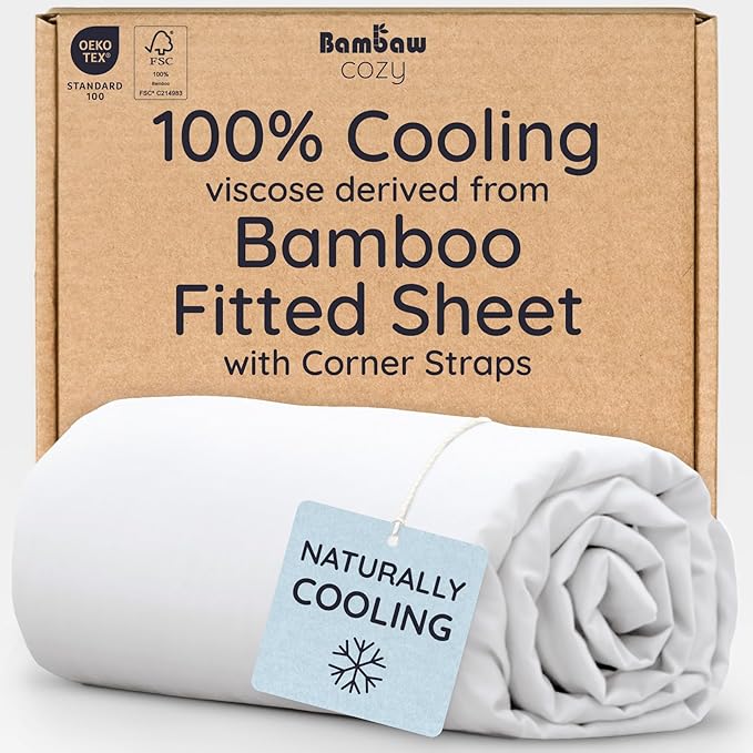 Bambaw White Queen Fitted Sheet with Elastic Corner Straps, 100% Viscose Derived from Bamboo, 16'' Deep Pocket, Queen Size