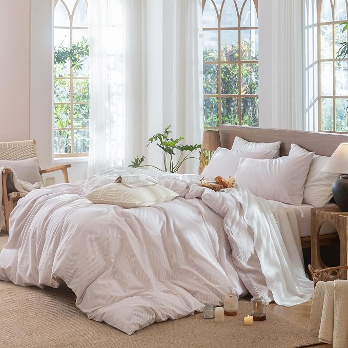 MooMee Striped Duvet Cover Set 100% Washed Cotton Linen Like Cal King | Relaxed Linen-like Texture. Soft, Breathable & Long-lasting Comfort. Lightweight. Hidden Zipper with 8 Interior Corner Ties