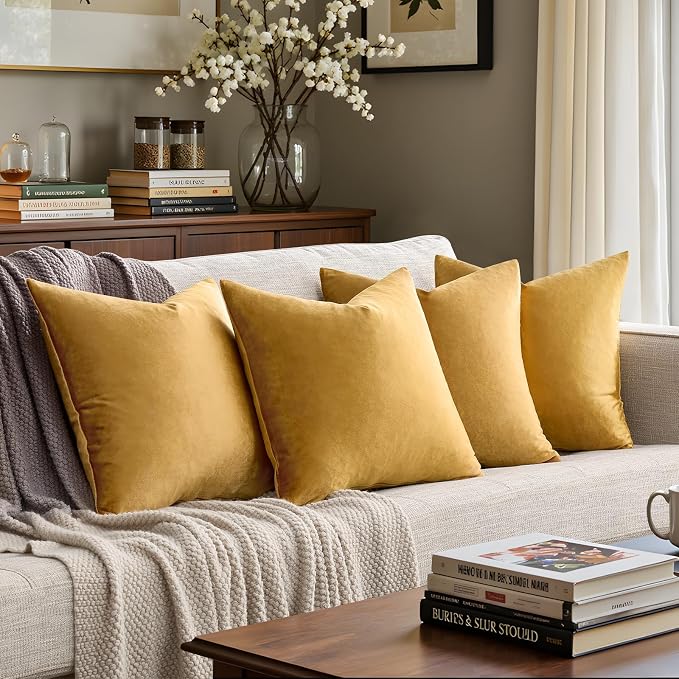 GIGIZAZA Pack of 4 Golden Decorative Velvet Pillow Covers 18x18 | Throw Pillows for Couch Sofa,280gsm Soft Textured Fabric,Modern Accent Pillowcases,Luxury Living Room Cushion Covers