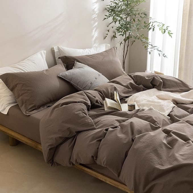 BDEAR 3Pcs Light Chocolate Brown Duvet Cover Set California King Size | 100% Washed Cotton, 1 Duvet Cover with 2 Pillowcases, Zipper Closure, OEKO TEX Standard,8 Corner Ties,Linen-Liked Texture