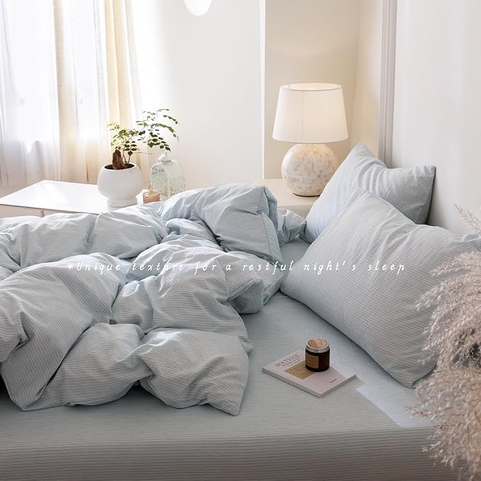 BDEAR 3Pcs Light Blue Pinstriped Duvet Cover Set King Size 104''Wx90''L | Light Weight Design, 1 Duvet Cover with 2 Pillowcases, Zipper Closure, OEKO TEX Standard,8 Corner Ties, Skin Friendly