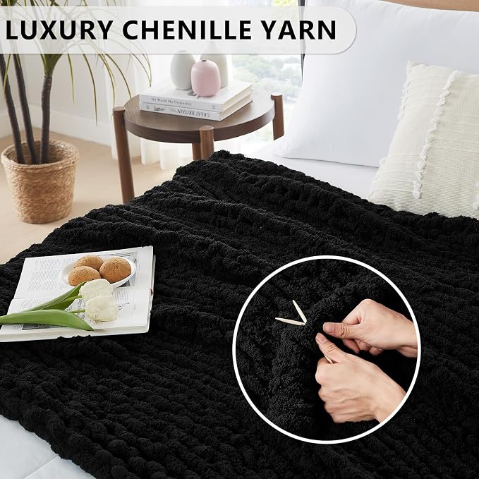L'AGRATY Chunky Knit Throw Blanket for Couch, 50'' x 60'' Knit Throw, Black | Handmade Chenille Crochet Blanket for Sofa Bed, Thick Cable Knitted Blankets for Room Home Decor, Birthday Gift for Women Mom