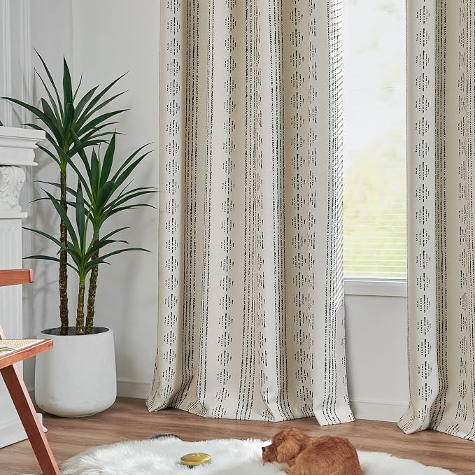 jinchan Boho Blackout Curtains 108 Inches Long for Bedroom Living Room | Black on Beige Geometric Grommet Curtains Room Darkening Thermal Insulated Window Treatments 2 Panels