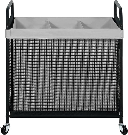 STO STO Laundry Hamper 3 Section, 120L Rolling Laundry Sorter Cart with Removable and Washable Liner Bag, Clothes Hamper with Wheels and Metal Handle for Laundry Room and Bedroom, Gray