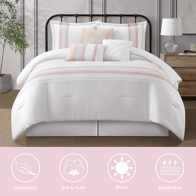 7 Piece Comforter Set, Pink White, California King, Boho Style Geometric Microfiber Embroidery, Bed in a Bag with Bedskirt, Pillow Shams and Decor Pillows