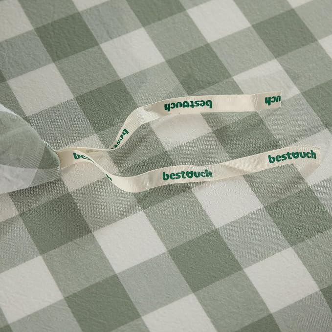 BESTOUCH Gingham Cotton Duvet Cover Set Sage Green California King | Washed Cotton, Linen Feel, Soft Wrinkle Texture, Hidden Zipper, 8 Ties, Breathable Lightweight Durable Comfy, 3 Pcs No Insert