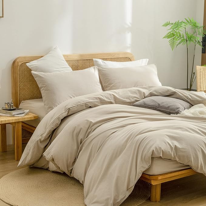 BESTOUCH Cotton Solid Duvet Cover Set Almond Milk Grey California King | 100% Washed Cotton, Soft Wrinkle Texture, Hidden Zipper, 8 Ties, Breathable Lightweight Durable Comfy, 3 Pcs No Insert