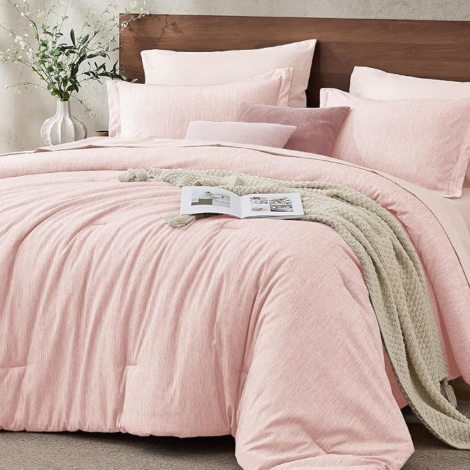 JOLLYVOGUE Pink King Comforter Set, Cationic Dyeing Bed in a Bag King 7 Pieces, Double-Tone Bedding Set with Down Alternative Comforter, Sheets, Pillowcases & Shams