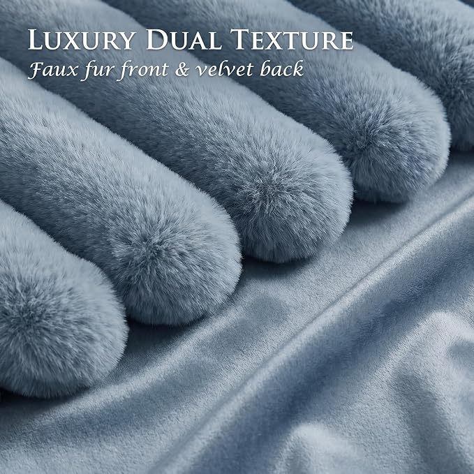 Pack of 2 Throw Pillow Covers 20x12 Decorative Solid Plush Faux Fur with Soft Velvet Back, Square Striped Cushion Cases Modern Farmhouse Home Decor for Living Room Couch Sofa Bed Serene Blue