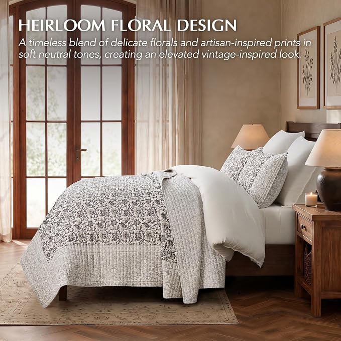 EverGrace 100% Cotton Floral Quilt Set, King Size, Farmhouse Taupe 110"×92" | Reversible Lightweight Bedspread Coverlet, Vintage Floral Farmhouse Bedding, Traditional Botanical Quilt with 2 Pillow Shams
