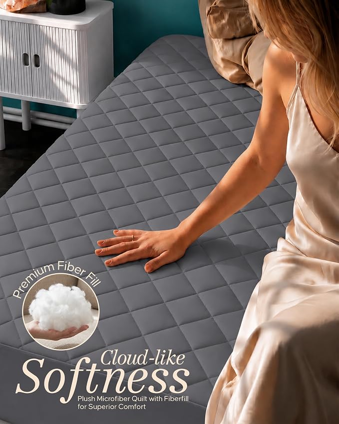Quilted Fitted Mattress Pad, Full Mattress Protector Topper with Deep Pocket Stretches up to 16 Inches, Machine Washable Mattress Cover by Utopia Bedding (Grey) | Soft Breathable Fitted Mattress Cover, Noiseless, Deep Pockets & Machine Washable for Hom...