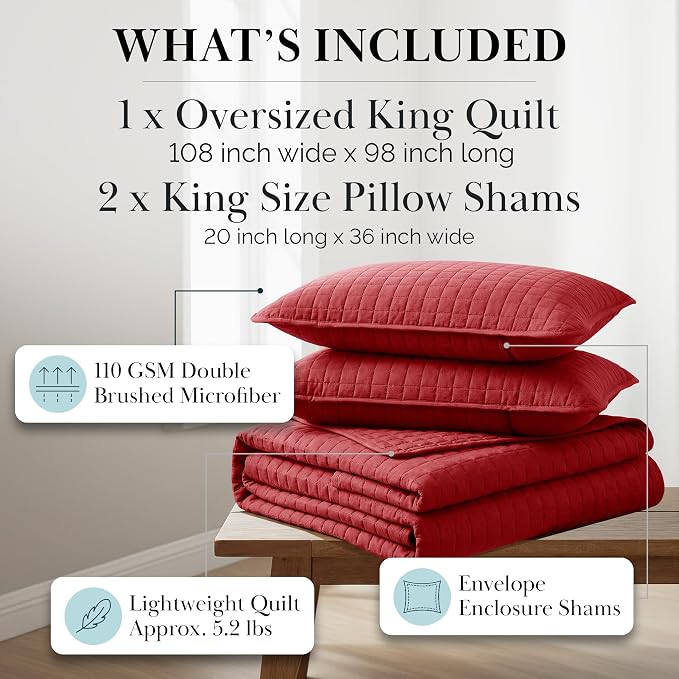 Southshore Fine Living, Inc. Red Quilt King Size Set with 2 Pillow Shams, Soft Microfiber Bedspread, Stain & Pet Hair Resistant Bedding, Cal/King Quilt Set with 2 Pillow Shams, Chili Pepper Red