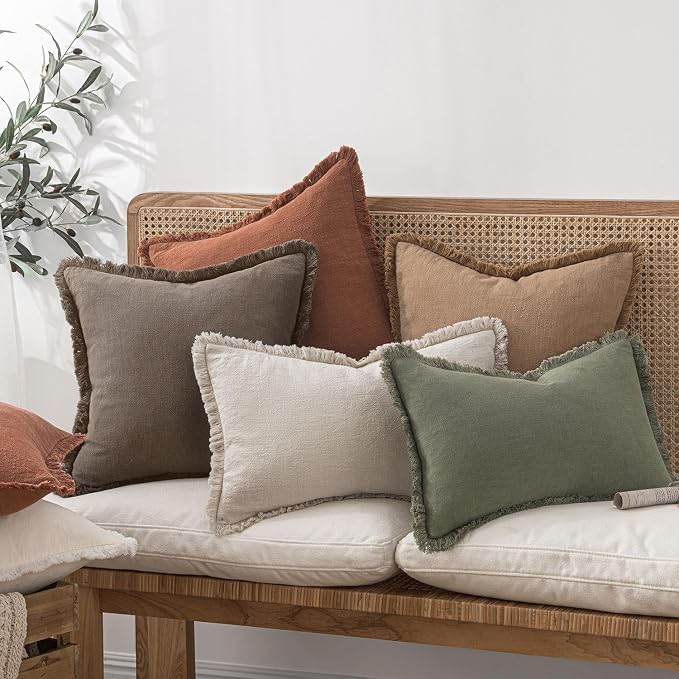 MIULEE Linen Fringe Decorative Fall Euro Throw Pillow Covers Coffee 22x22 | Set of 2, Cottagecore Decor, Boho Farmhouse Neutral Pillow Covers, Rustic Fall Couch Cushion Cases for Sofa Bed Living Room
