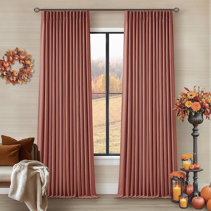 Terracotta Pinch Pleat 100% Blackout Linen Bedroom Curtains 96 Inch Length | Double Layer Curtains, Pleat with Ring Hooks Back Tab, Black Out Room Darkening Drapes, for Living Room, 40x96 2 Panels Set