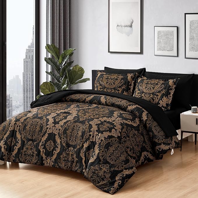 WONGS BEDDING Black Comforter Set California King Size, Gold Damask 7 Pieces Bed in a Bag Microfiber Comforter Bedding Sets -1 Comforter, 1 Flat Sheet, 1 Fitted Sheet, 2 Pillow Shams, 2 Pillowcases