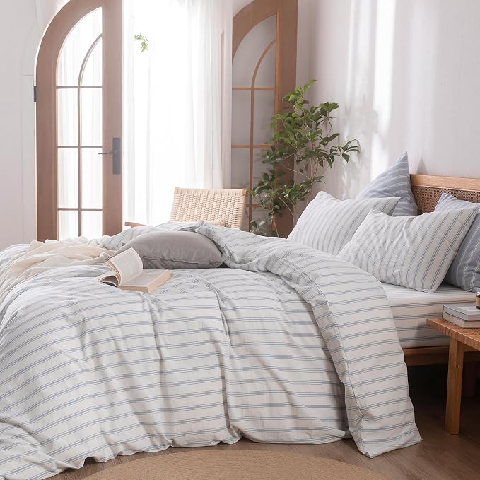 BESTOUCH Striped Cotton Duvet Cover Set Linen Feel Oversized King | 100% Washed Cotton, Soft Wrinkle Texture, Hidden Zipper, 8 Ties, Breathable Lightweight Durable Comfy, 3 Pcs No Insert