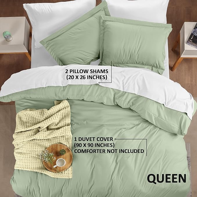 Duvet Cover Queen, 3 Piece Cotton Like Polyester With Zipper Closure, Sage | Extra Soft and Breathable, Wrinkle & Fade Resistant, Includes Duvet Cover and 2 Pillow Shams, Comforter Not Included, OekoTex