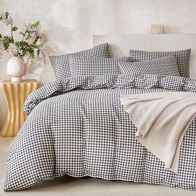 Grid Comforter Set King Soft Luxury Washed Microfiber 3 Pieces Bedding, White Grey Grid Pattern Comforter with 2 Pillowcases Breathable Durable Comfy
