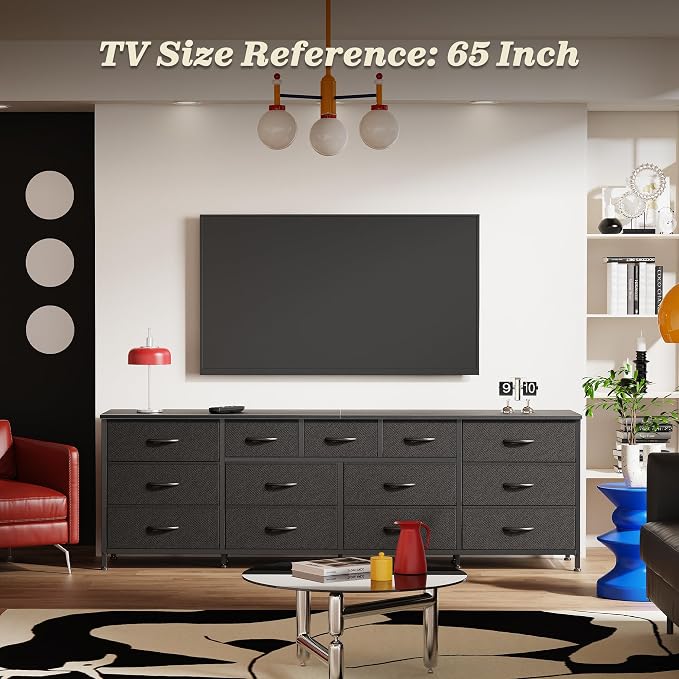 Huuger 70 Inch Long Dresser for Bedroom, TV Stand for 65, 75, 80 Inch TV | 13 Large Fabric Drawer, Large Entertainment Center for Bedroom, Wide Chest of Drawer with Storage, Black