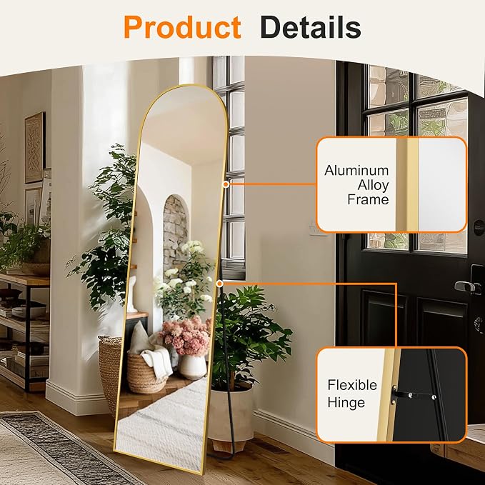 Arched Full Length Mirror, 56"x15" Standing Body Mirror for Wall, Gold | Built-in Stand, HD Shatterproof Glass, Aluminum Alloy Frame, Hanging or Standing, for Bedroom, Living Room & Dressing Room