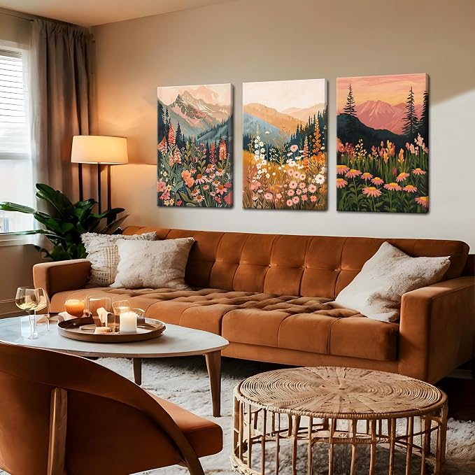 Framed Wildflower Mountain Landscape Wall Art Set of 3, Colorful Floral Wall Decor, Boho Sunset Landscape Canvas Artwork, Earth Tone Botanical Poster Prints for Living Room Bedroom 12x16 Inch