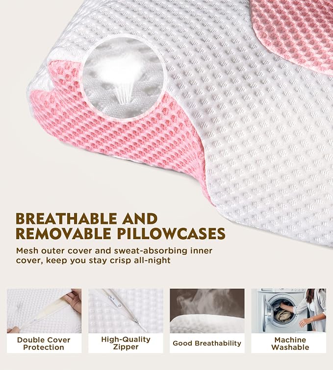 Cervical Pillow for Neck Pain Relief, Hollow Design Odorless Memory Foam Pillows with Cooling Case, Adjustable Orthopedic Bed Pillow for Sleeping, Support for Side Back Sleepers