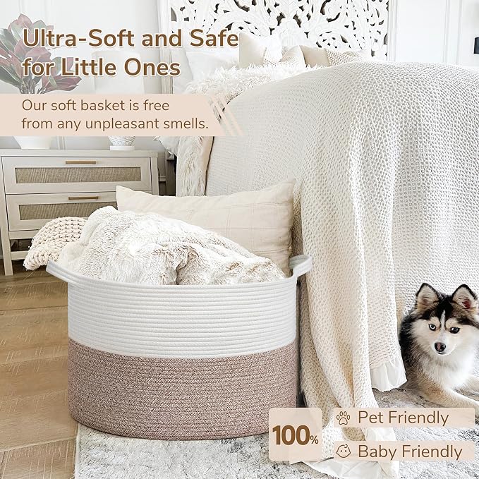 INDRESSME Large Woven Rope Blanket Basket Living Room Brown, 65L | 19.7" x 12.6" Storage baskets for laundry, toys & pillows. For living room, bedroom or nursery decor. soft-touch, gift basket