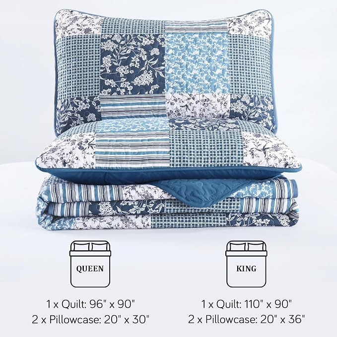 Mybedsoul King Size Quilt, Boho Patchwork Floral Bedding Set, Navy Blue | Soft Lightweight Microfiber Floral Coverlet Set, 3 Pieces Plaid Reversible Bedspread, Bed Sets for All Seasons 90"x110"