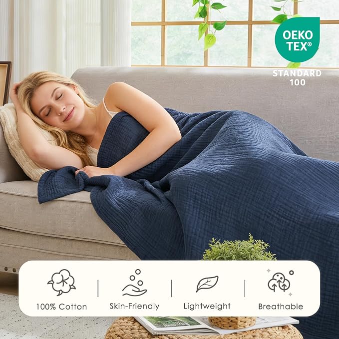EMME Cotton Muslin Throw Blanket 4 Layer for Adults, Lightweight Breathable Gauze Blanket, Soft All Season Couch Blanket for Couch Bed Travel (Navy, 50"x60")