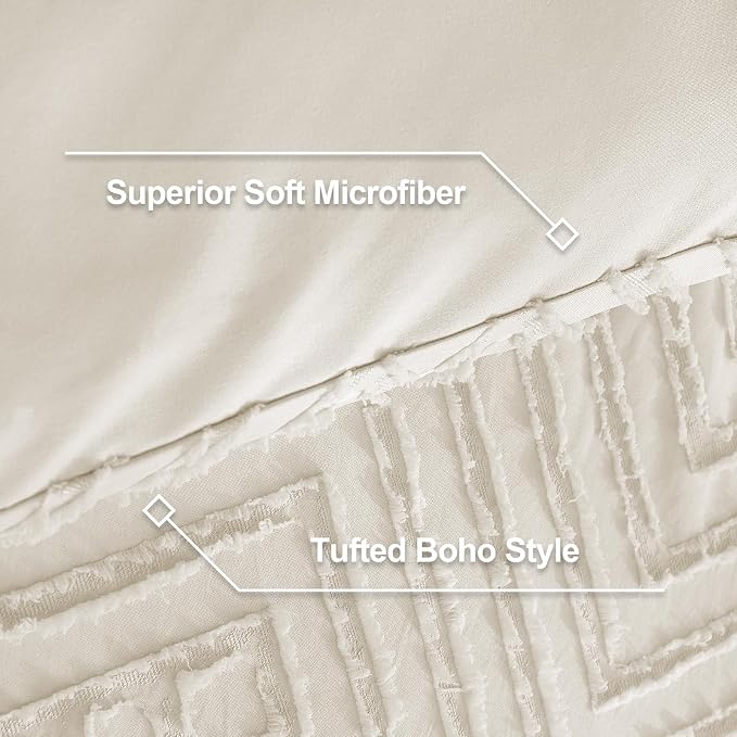 Litanika Oversized Queen Comforter Set, 3 Pcs Beige Tufted Boho Bedding Set | Farmhouse Shabby Chic Vintage Bohemian Textured Aesthetic Soft Fluffy Lightweight Breathable All Season Bed Set