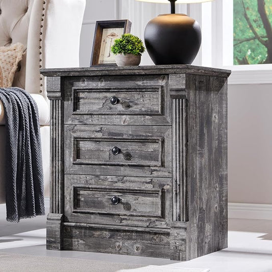 Aitjunz 26" Tall Nightstand w/Charging Station, 3 Drawers, Light Grey | Farmhouse 23.6" Wide Large End Table w/Roman Column, Wood Rustic Side Table w/Metal Handle for Bedroom, Living Room