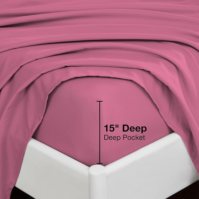 Softan Microfiber King Sheet Set with Non-Slip Corner Straps, Hot Pink | 15" Deep Pocket Fitted Bed Sheets, Double Brushed Microfiber, Cozy Sheets & Pillowcase for All Season