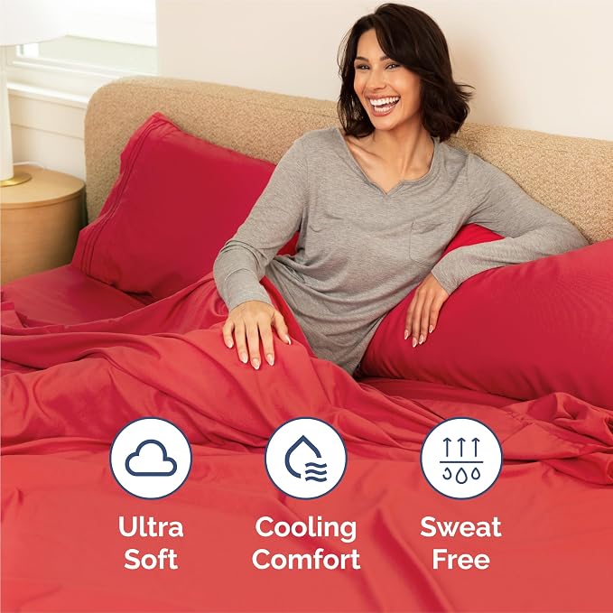 Split King Size 5 Piece Sheet Set - Comfy Breathable & Cooling Sheets - Red | Hotel Luxury Bed Sheets for Women & Men, Deep Pockets, Easy-Fit, Comfy, Soft and Wrinkle Free Sheets, Oeko-Tex Bed Sheet Set