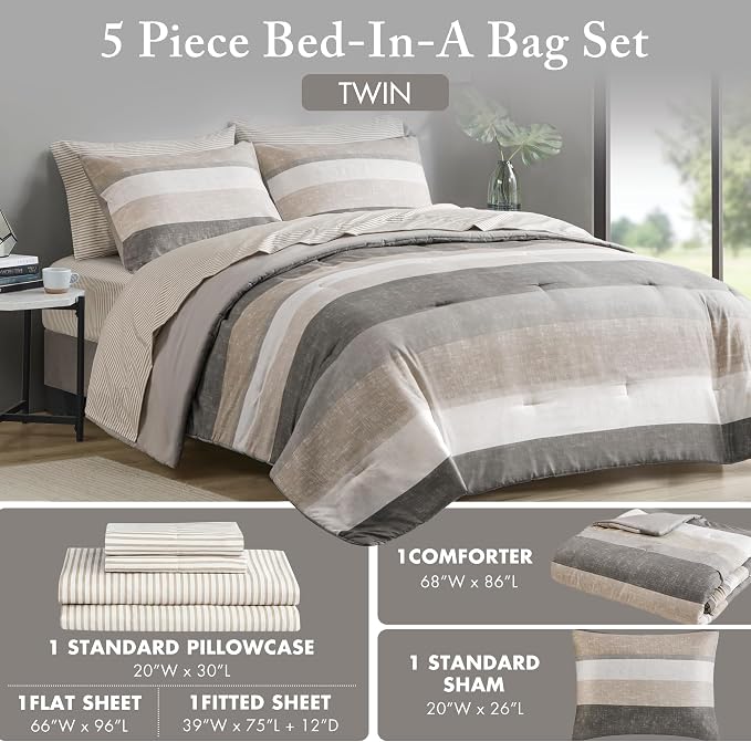 Madison Park Essentials Twin Comforter Set, Bed in A Bag Comforter & Sheet Set, Modern Casual Stripes Print, All Seasons, Soft Microfiber Bedding Makeover, Matching Shams, Twin Taupe/Grey 5 Piece