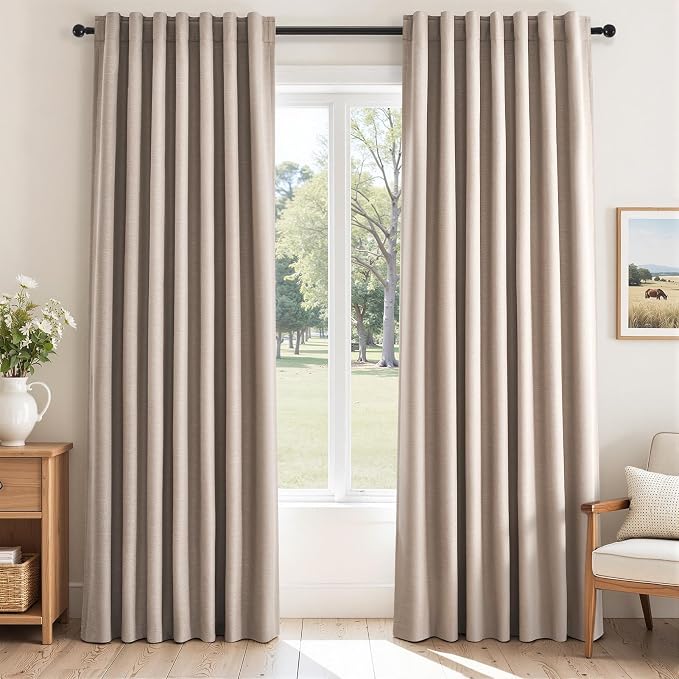 90 inch long linen Blackout curtains 2 Panels 100% Black out Linen texture Curtain Window Drapes with Back Tab Rod Pocket Light Blocking Thermal Insulated Curtains for Bedroom Living Room Beige