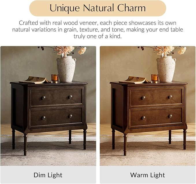 HULALA HOME Solid Wood End Table with Charging Station, Mid-Century Modern End Table with 2 Drawer, Adjustable Solid Wood Feet, Easy Assembly, Walnut