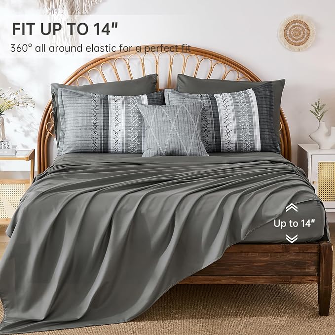 Dintszyayue Grey Queen Comforter Size Set, 8 Pieces Striped Texture Bed in a Bag Bedding Sets, Lightweight Soft Comforter and Sheet Set, All Season Microfiber Teen Boys Bedding Sets for Men Women