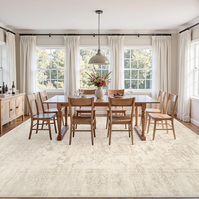 6x9 Area Rugs Living Room: Bedroom Washable Carpet Beige/Brown | Large Vintage Boho Indoor Decor Neutral Soft Nursery Farmhouse Dining Room Office Floor Non-Slip Low Pile Under Table Rug