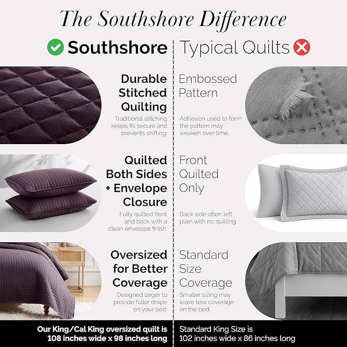 Southshore Fine Living, Inc. King Size Quilt Bedding Set, Soft Brushed Microfiber, Stain and Pet Hair Resistant Bedding, California King Size Quilt Coverlet Bedspread Set w/2 Shams, Purple Quilts