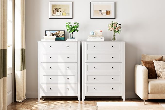 Garvee 5 Drawer Dresser for Bedroom, Modern Tall Chest of Drawers with Metal Knobs, Wooden Clothes Storage Organizer for Closet, Nursery, Living Room, Apartment, White | Lacquered Finish, Metal Knobs, Clothes Storage Organizer for Closet, Nursery, Livi...